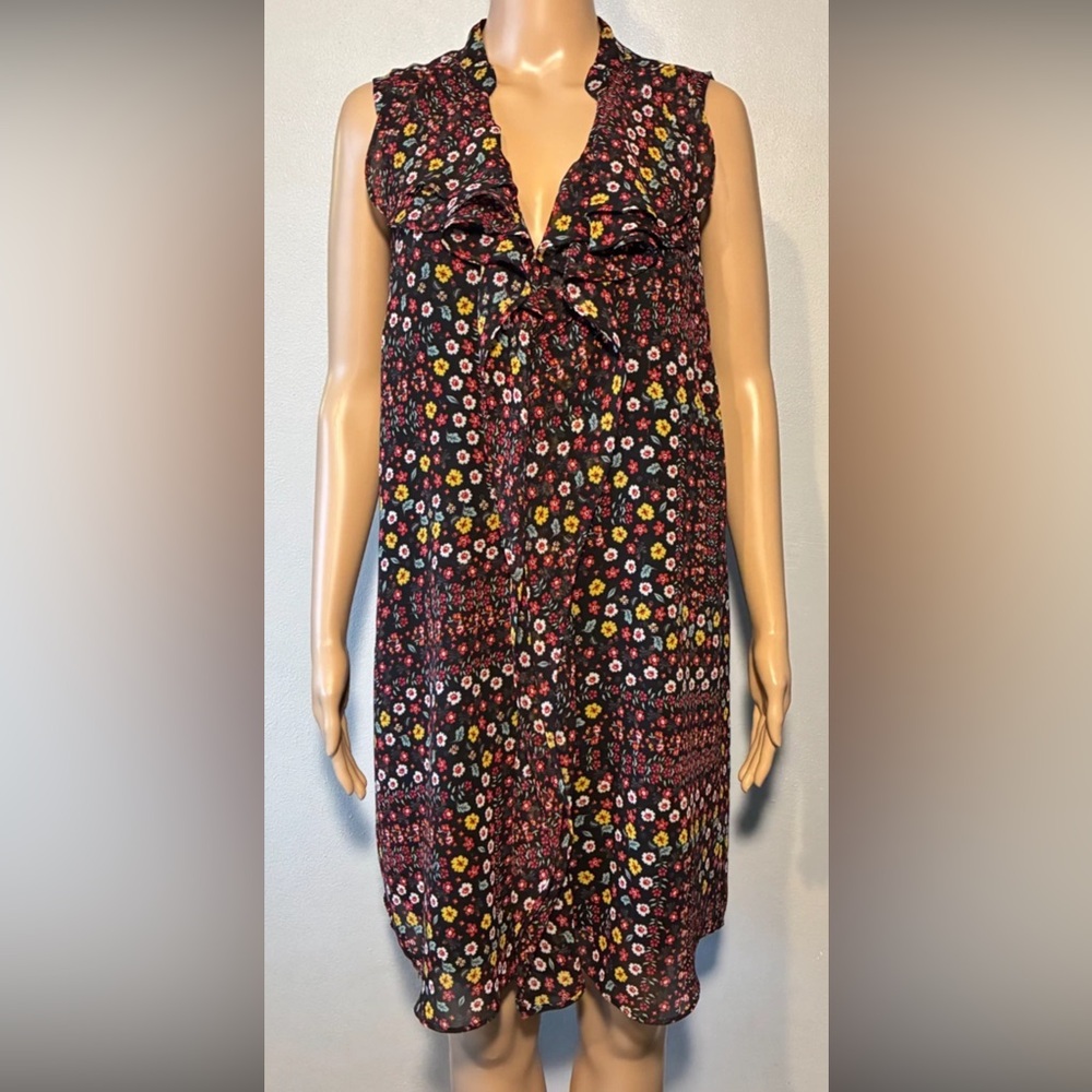 BCBGMAXAZRIA Women's Dress Size L Floral Shift Ruffle Chiffon Sleeveless Lined